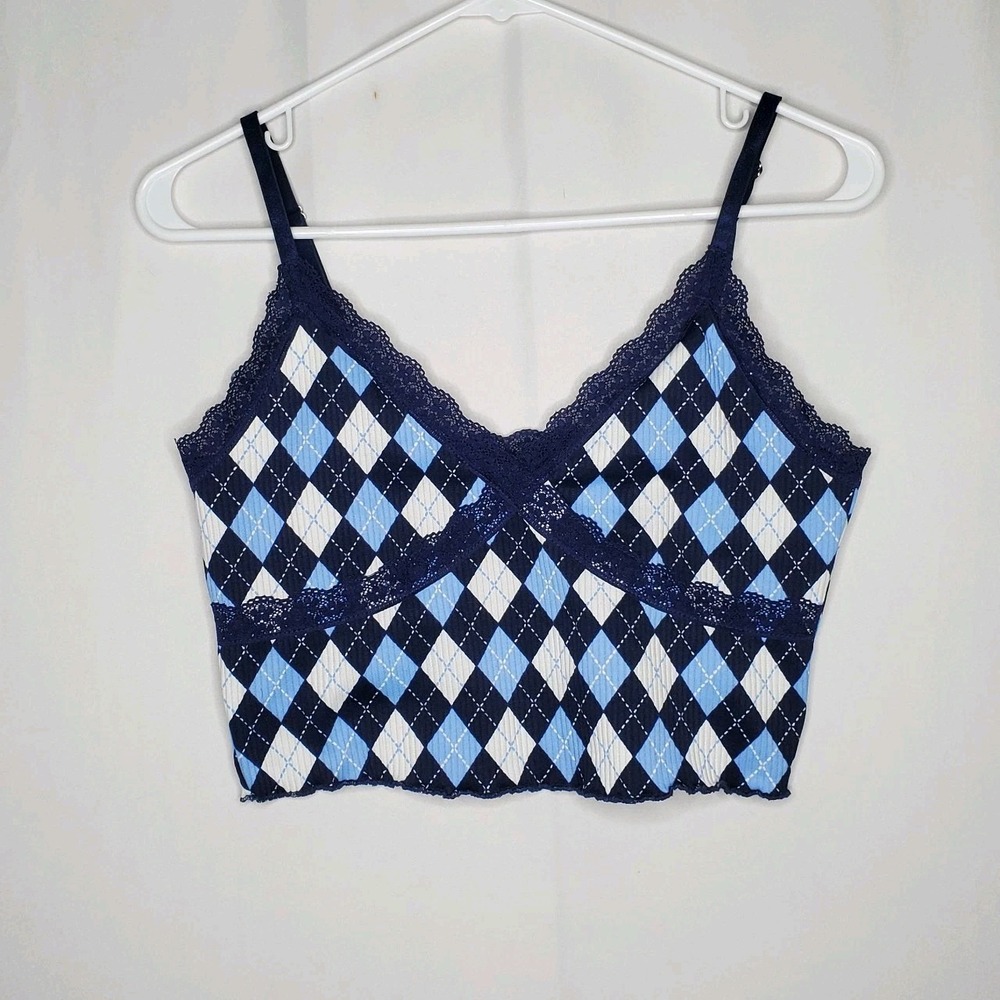 H&M Lace Trim Crop Tank Top Medium Argyle Rib Preppy Coquette Y2K 90s Whimsigoth